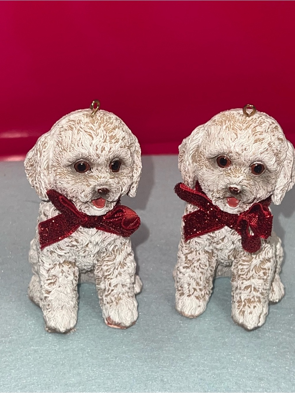 Pair of White Resin Poodle/Bichon Frisé Dog Ornaments with Red Bows